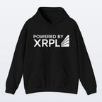 Black XRP hoodie with 'Powered by XRPL' text on a light gray background