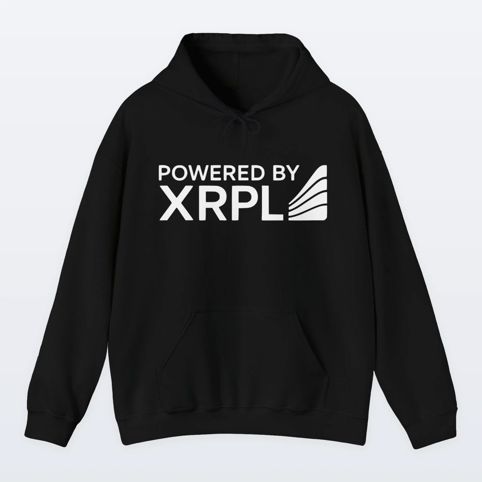Black XRP hoodie with 'Powered by XRPL' text on a light gray background