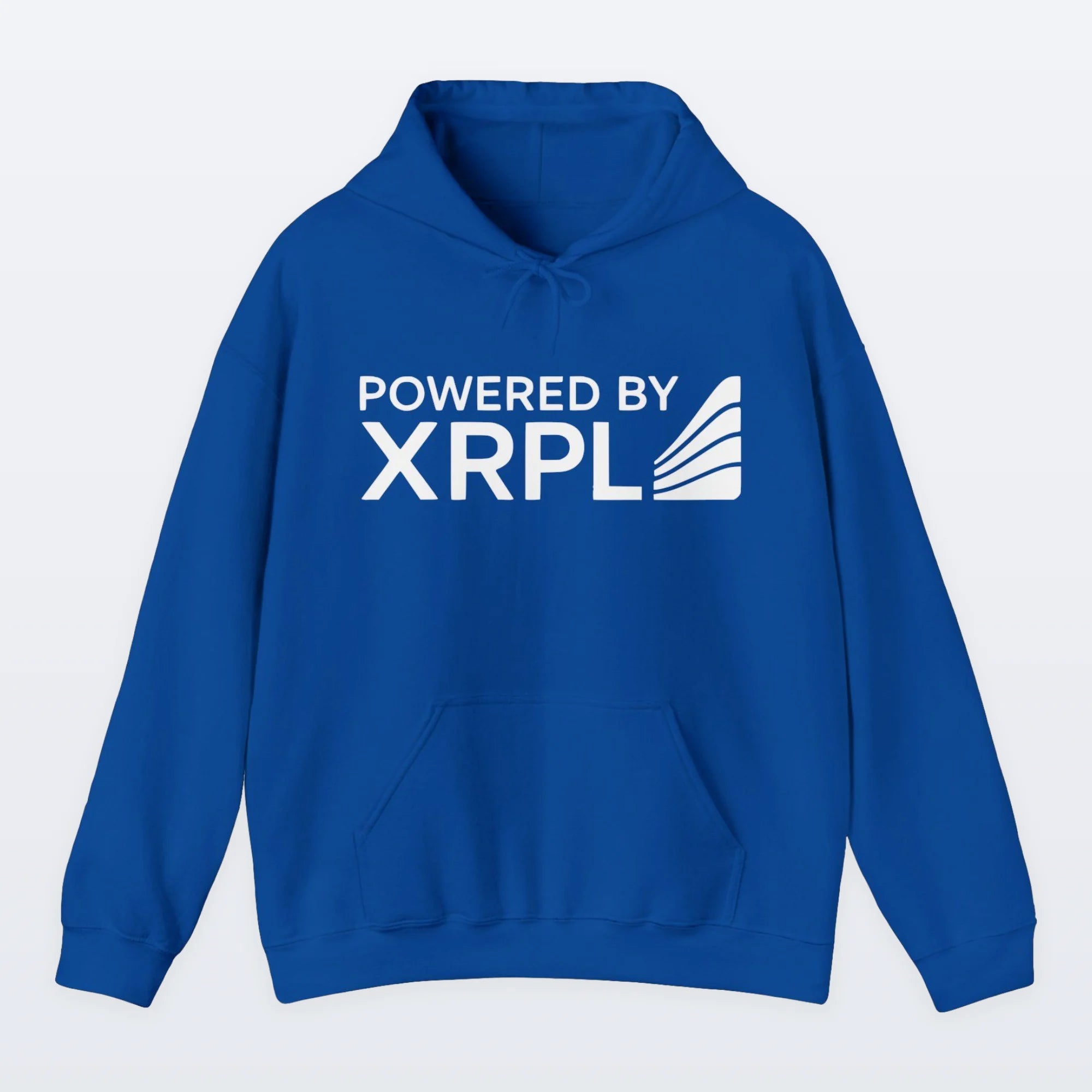 Blue XRP hoodie with 'Powered by XRPL' text and logo on a gray background