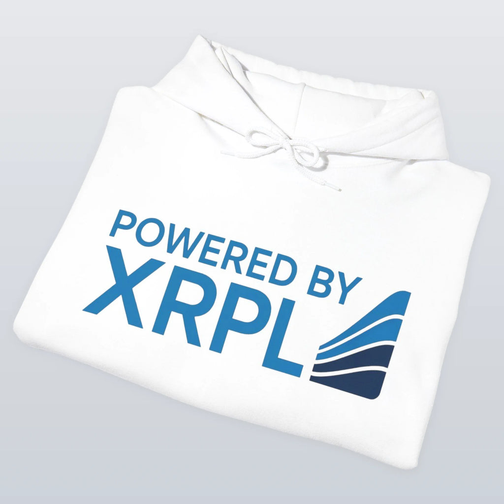 White XRP hoodie with 'Powered by XRPL' text and logo on a gray background
