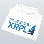 White XRP hoodie with 'Powered by XRPL' text and logo on a gray background