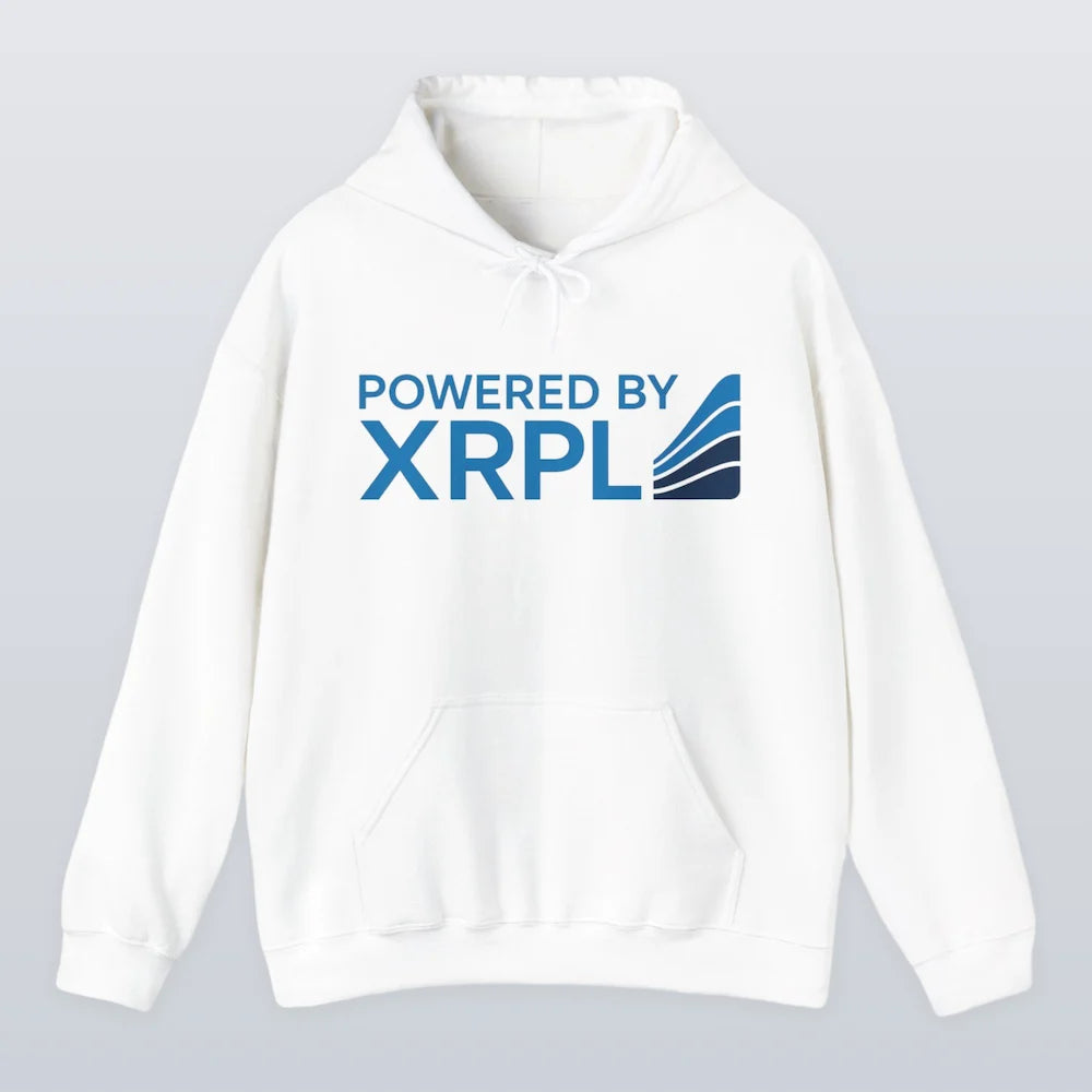 White XRP hoodie with 'Powered by XRPL' text and logo