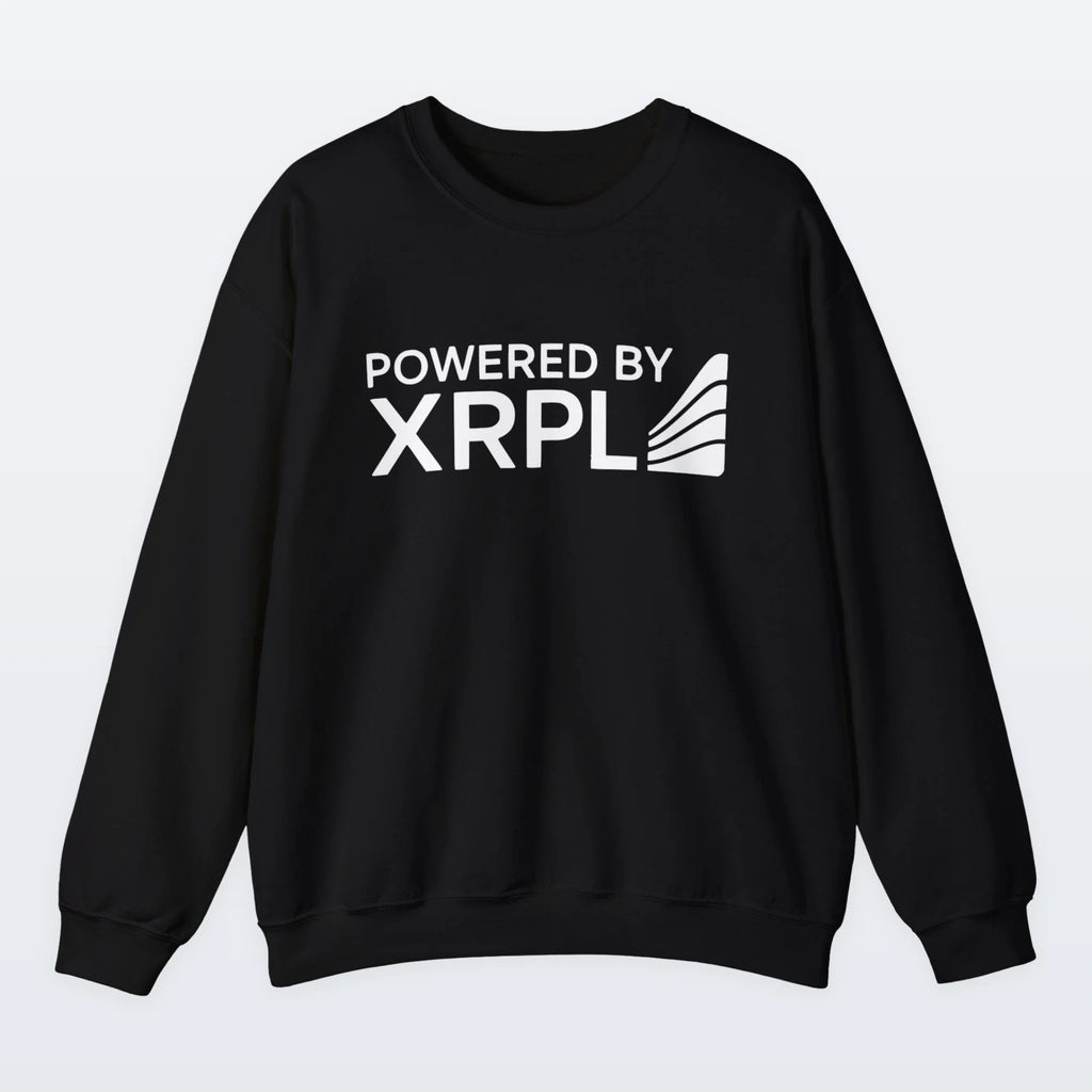 Black XRP sweatshirt with 'Powered by XRPL' text on a white background