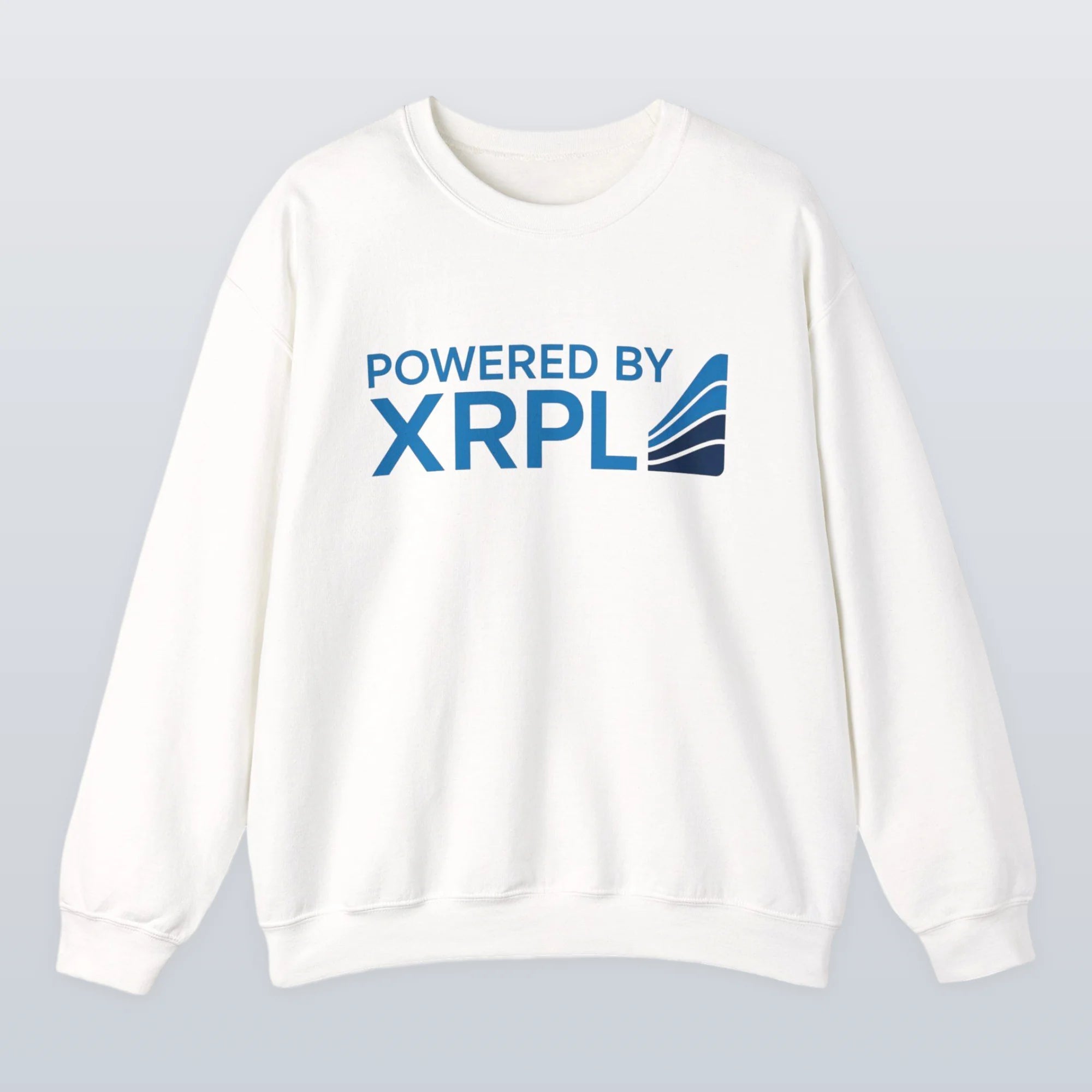 White XRP sweatshirt with 'Powered by XRPL' text and logo on a gray background