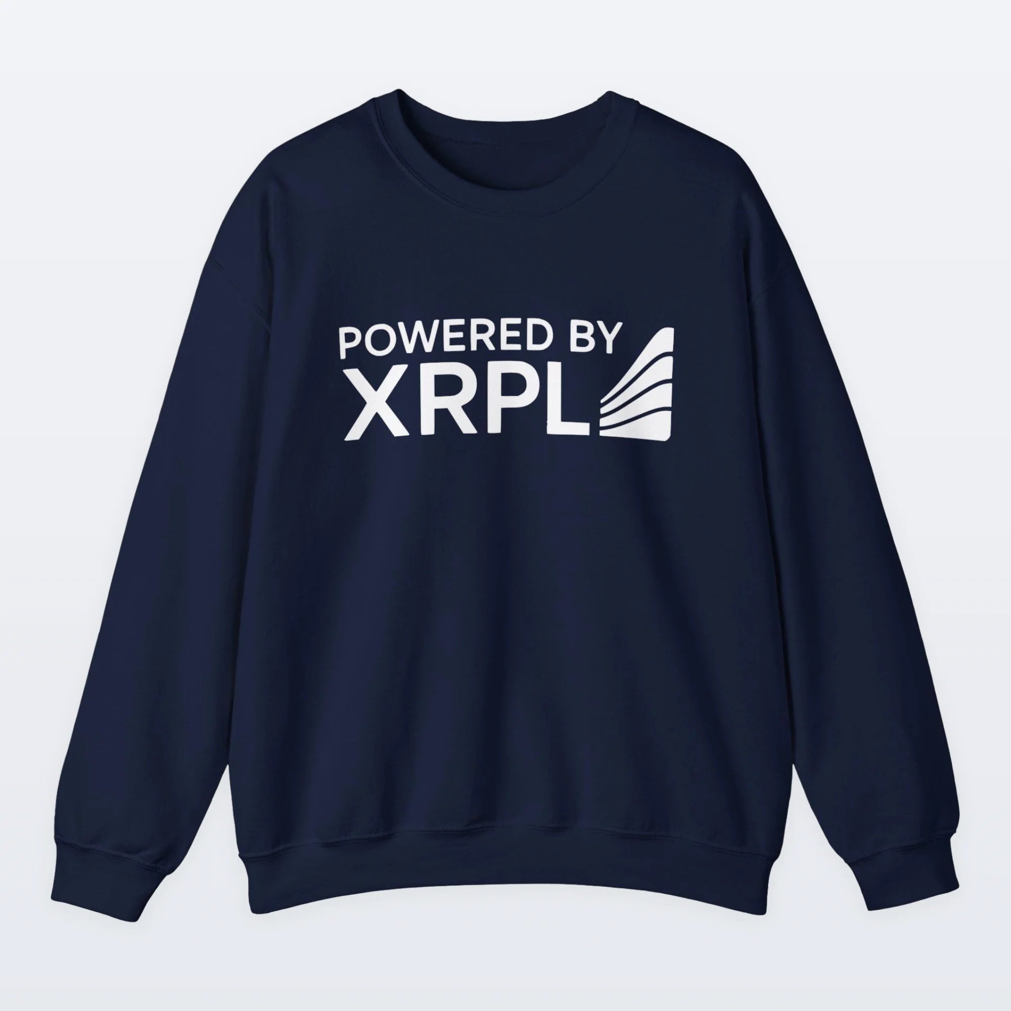 Navy blue XRP sweatshirt with 'Powered by XRPL' text on a light gray background