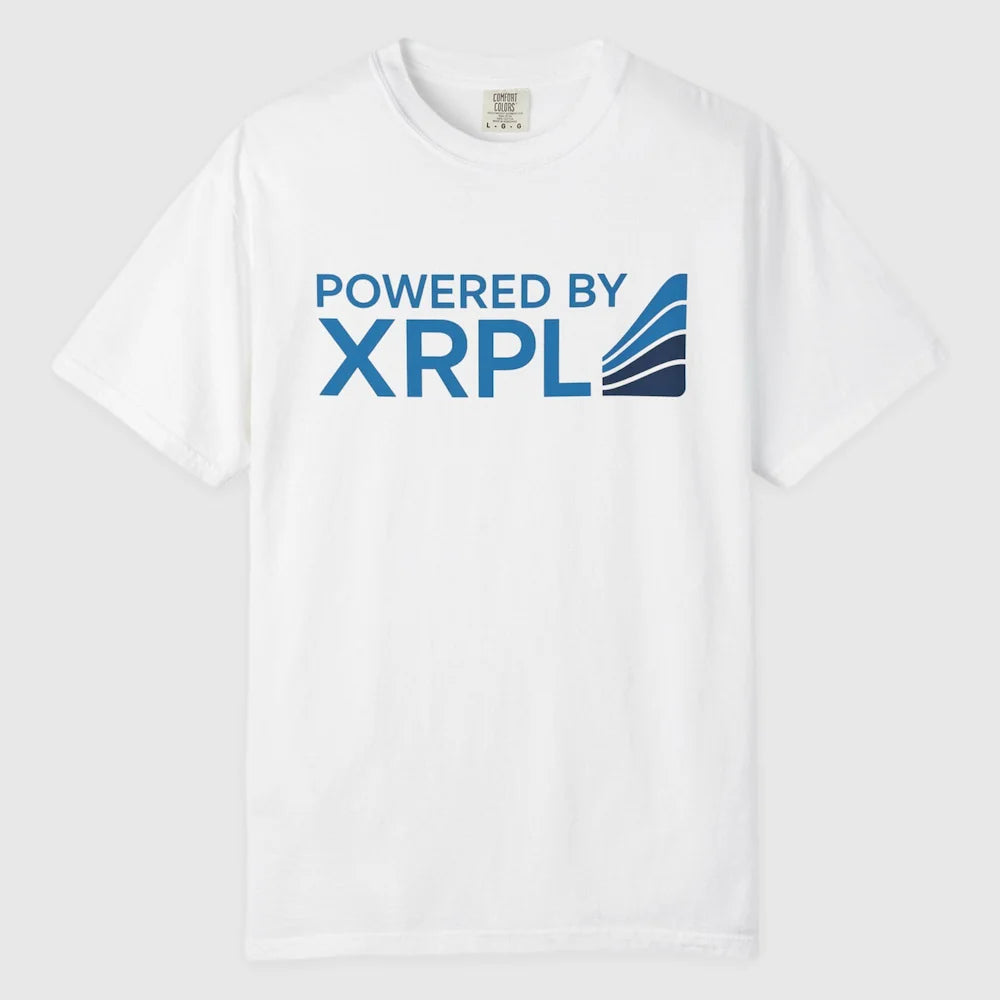 White t-shirt with 'Powered by XRPL' text and logo on a white background