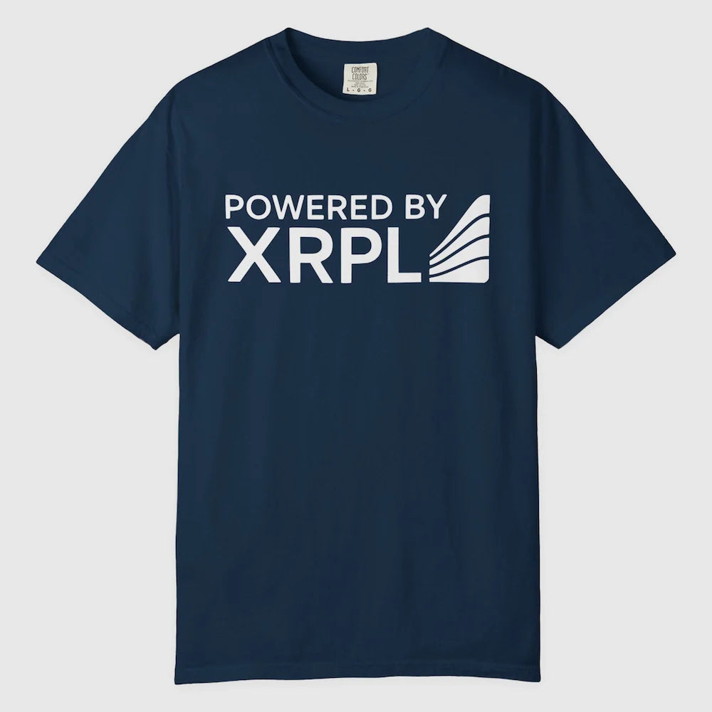 Navy blue XRP t-shirt with 'Powered by XRPL' text and logo on a light gray background